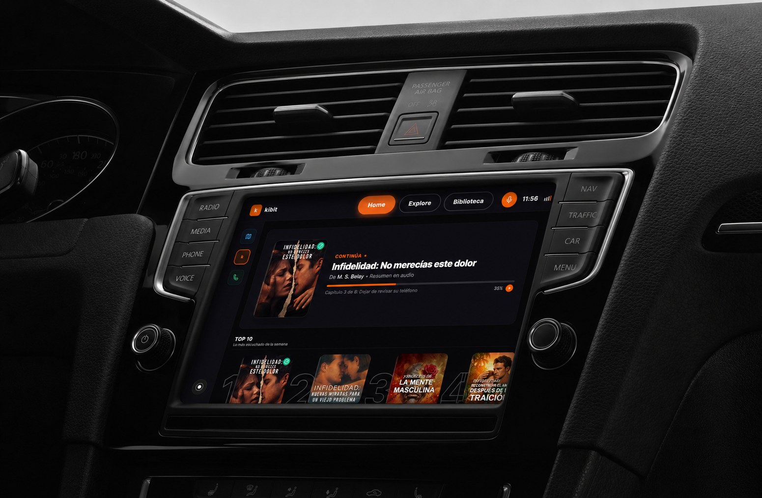Kibit en la pantalla de CarPlay de un auto, continuando Infidelidad: No merecías este dolor